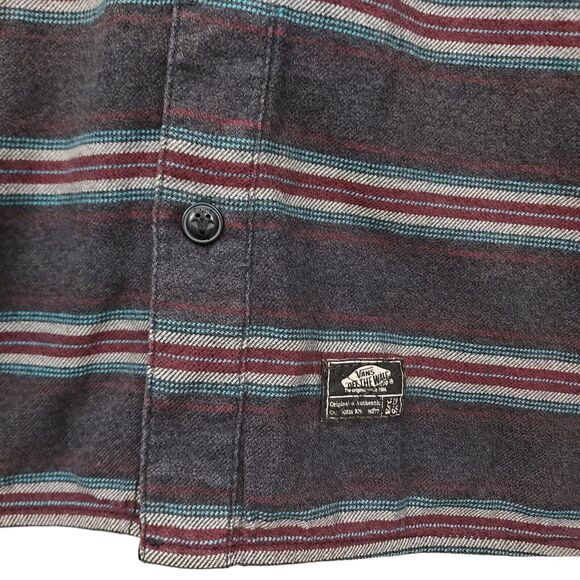 Vans Mens Flannel Shirt Medium Gray Striped Button Up Long Sleeve 100% Cotton - Picture 5 of 13